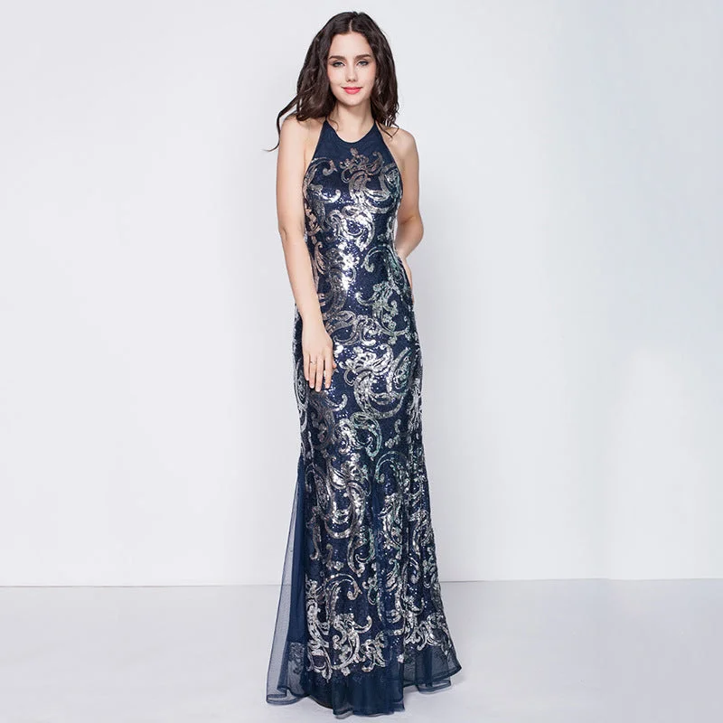 Maxi dress with animal motifs-Jodie Backless Embroidered Sequin Maxi Dress