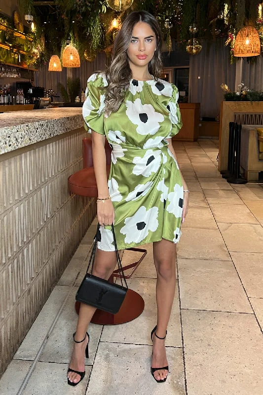 Summer mini dress-Olive Floral Printed Short Puff Sleeve Gathered Side Mini Dress