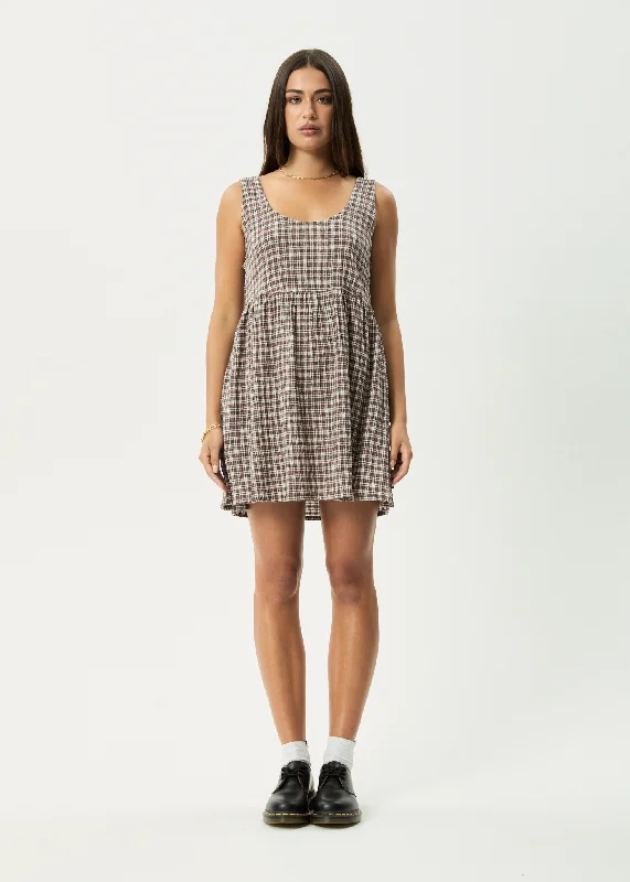 Ruffled mini dress-AFENDS Womens Base Jesse - Seersucker Mini Dress - Coffee Check