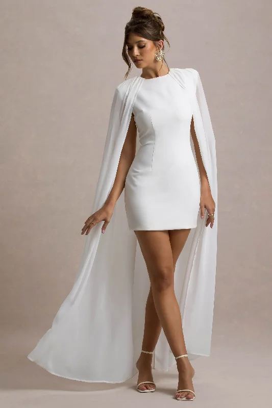 Glam touch mini dress-Elysium | White Bodycon Mini Dress With Chiffon Cape