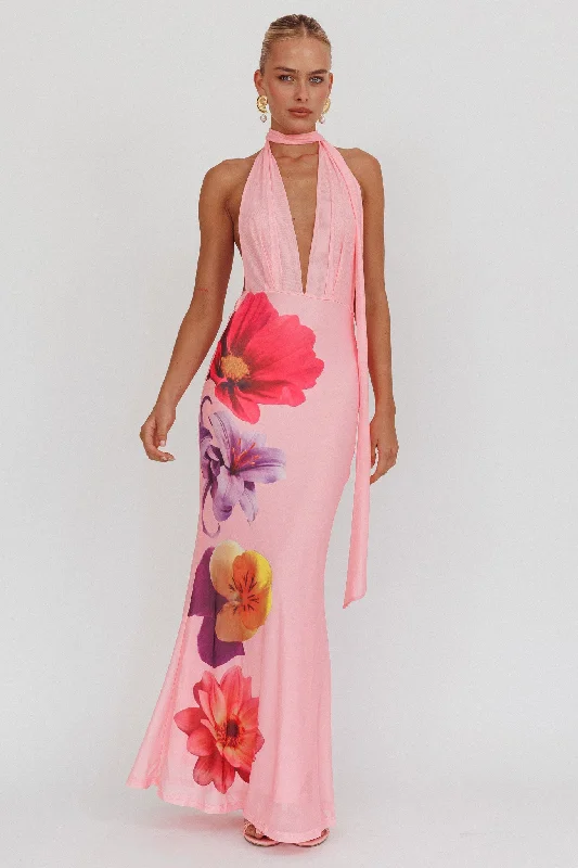 Maxi dress with tropical print-Italia Azure Halterneck Maxi Dress Flowers Pink