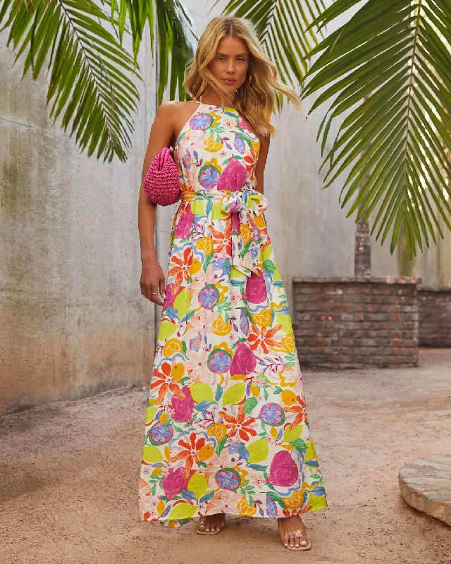 Maxi dress with button front-Belize Printed Satin Low Back Tie Waist Maxi Dress