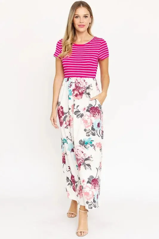 Maxi dress with frilly details-Plus Short Sleeve Floral Maxi Dress