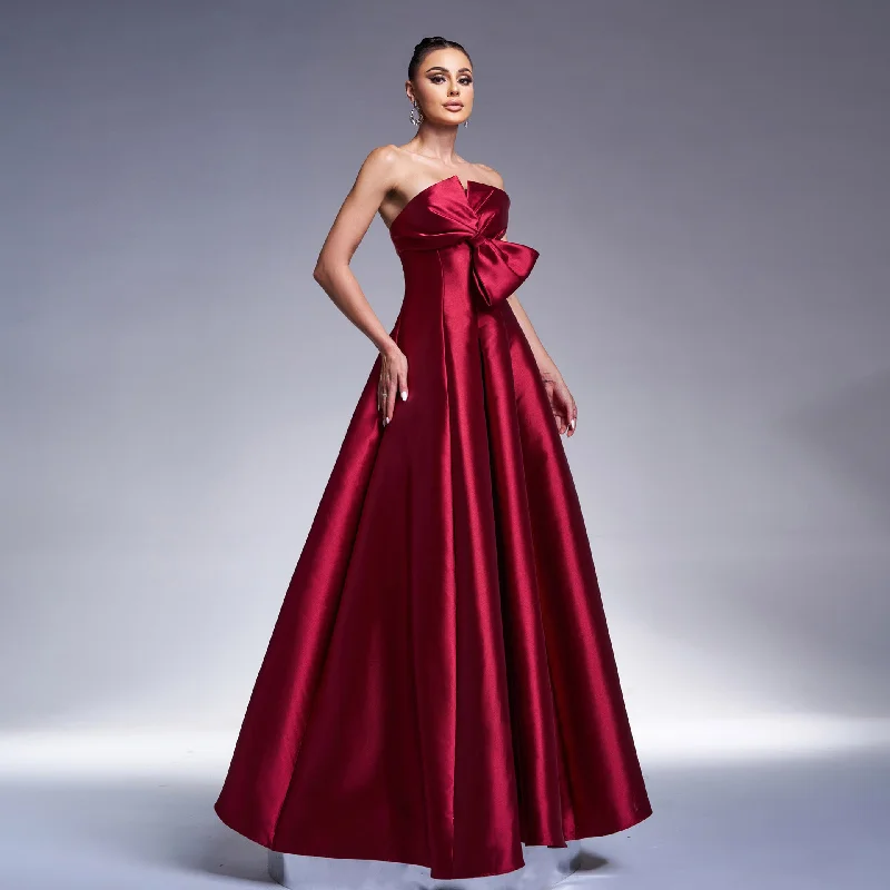 Maxi dress with trumpet sleeves-Red Elegant A-Line Long Evening Bow Dress