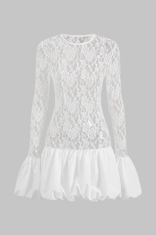 Empire waist mini dress-Lace Round Neck Bell Sleeve Mini Dress