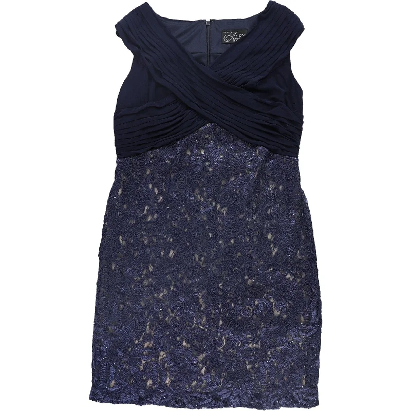 Cocktail dress with bow accents-Alex Evenings Womens Lace Crossover Cocktail Sheath Dress, Blue, 14W