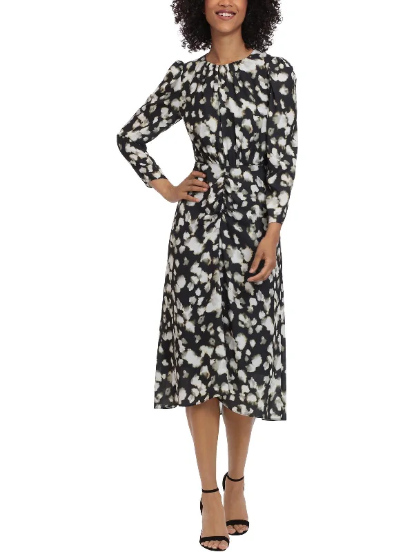 Midi dress with utility style-Womens Printed Ruched Midi Dress