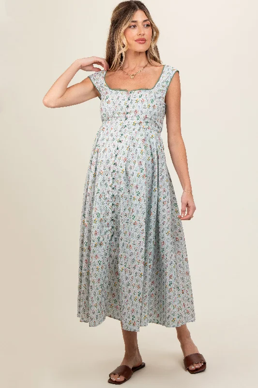 Maxi dress with sheer panels-Light Blue Floral Button Front Sleeveless Maternity Maxi Dress