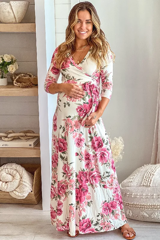 Maxi dress with utility style-Cream Floral Maternity Maxi Dress with Tie Front