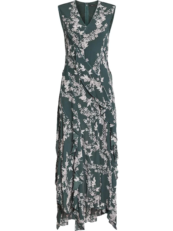 Midi dress with metallic threads-Womens Floral Trim Sleeveless Midi Dress