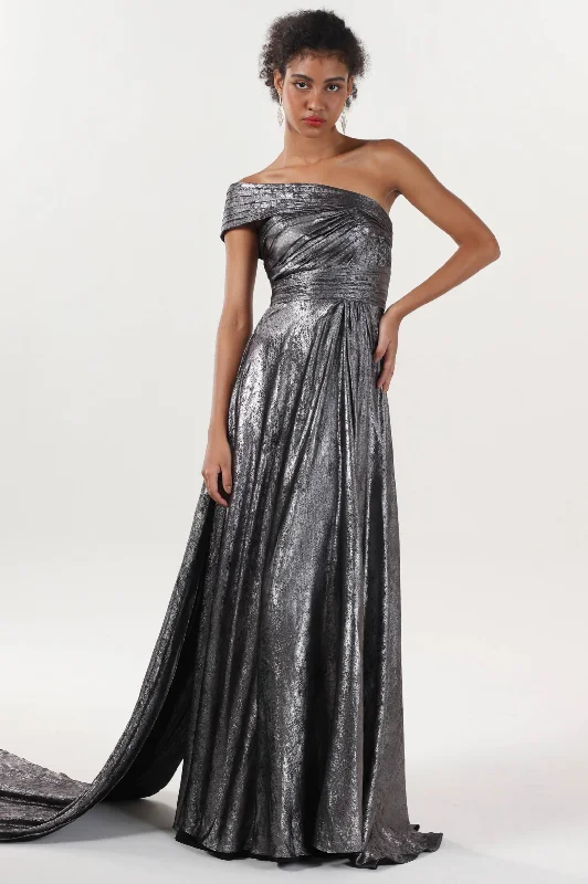 Maxi dress with high neckline-A-Line Maxi Metallic Formal Dress CS0653