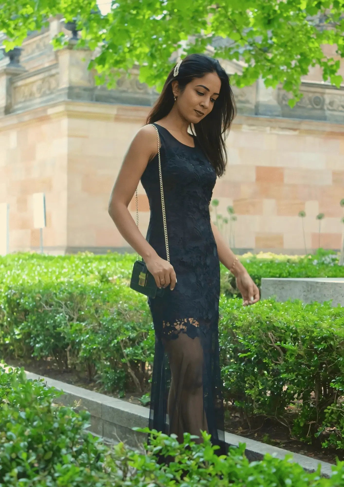 Maxi dress with fringe details-BLACK FLORAL LACE MAXI DRESS