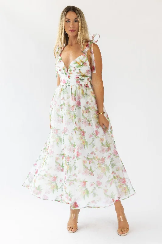 Maxi dress with ruffled hem-Thalia Floral Tie Shoulder Maxi Dress - Final Sale