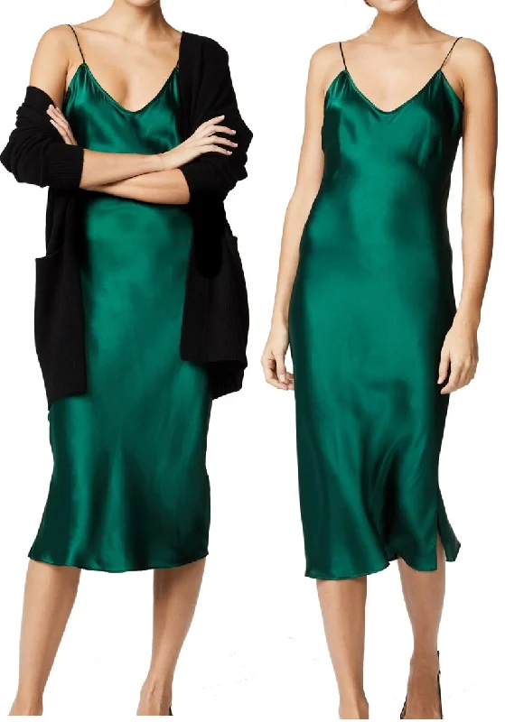 Black mini dress for parties-NoNothing | 100% silk V-necked slip mini dress (Emerald/Black,)