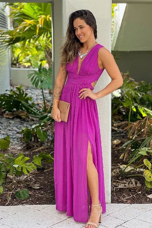 Maxi dress with voluminous sleeves-Orchid V-Neck Maxi Dress With Slit And Pleated Top Detail