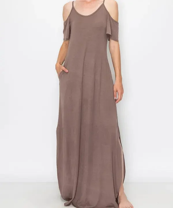 Maxi dress with illusion sleeves-Bamboo Cold Shoulder Maxi Dress