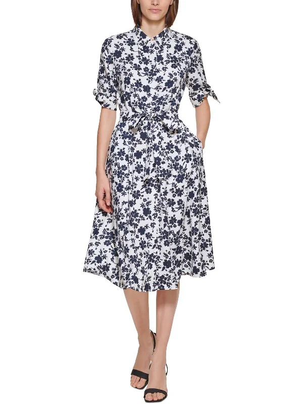 Midi dress with racerback style-Womens Floral Midi Shirtdress