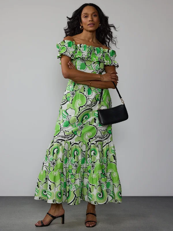 Maxi dress with faux leather-Off Shoulder Smock Back Floral Maxi Dress