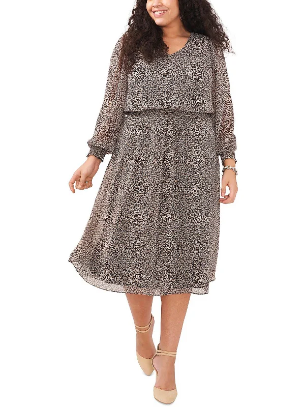 Midi dress with faux leather-Plus Womens Smocked Metallic Midi Dress