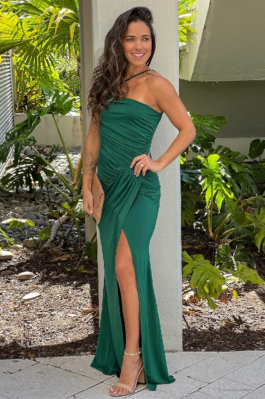 Maxi dress with bow accents-Hunter Green One Shoulder Side Draped Maxi Dress