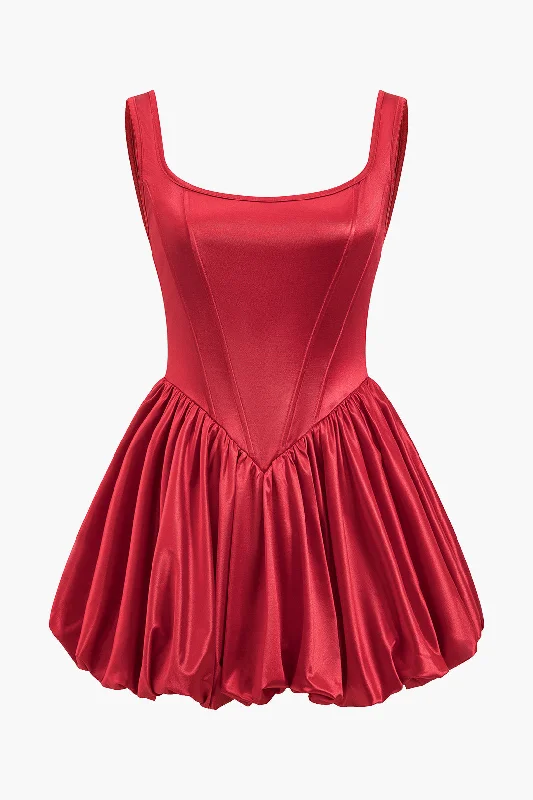 Elastic waist mini dress-Satin Corset Sleeveless Puff Mini Dress