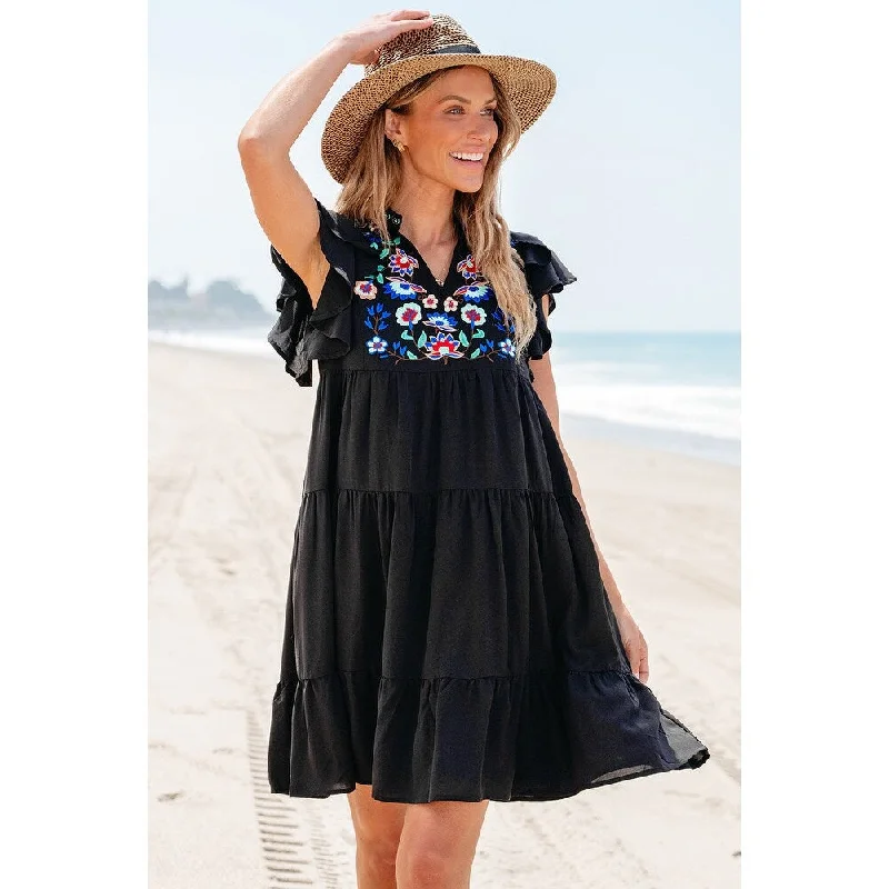 Boho mini dress-Veda Floral Embroidered Tiered Ruffled Mini Dress