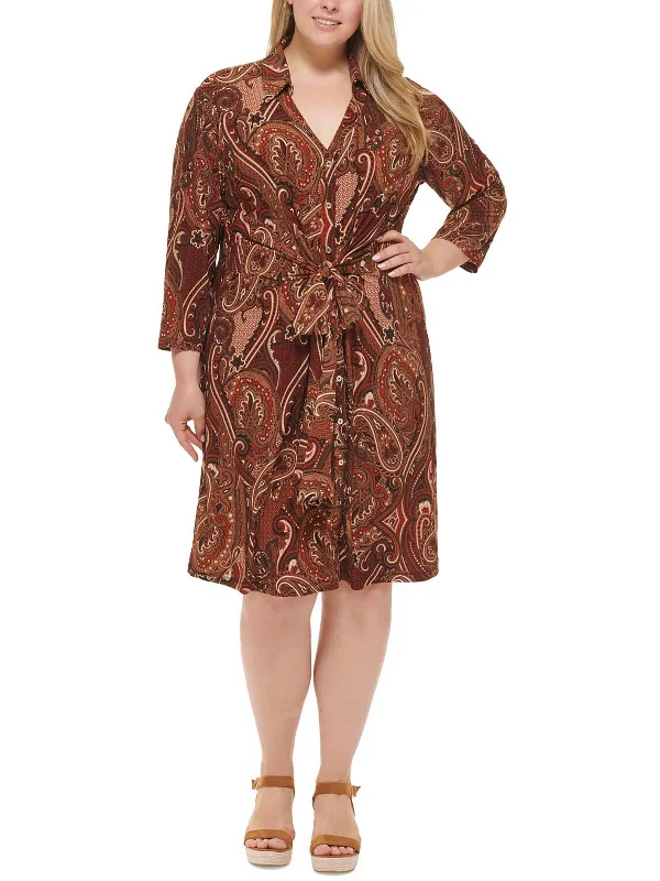 Midi dress with embroidered flowers-Plus Womens Paisley Midi Shirtdress