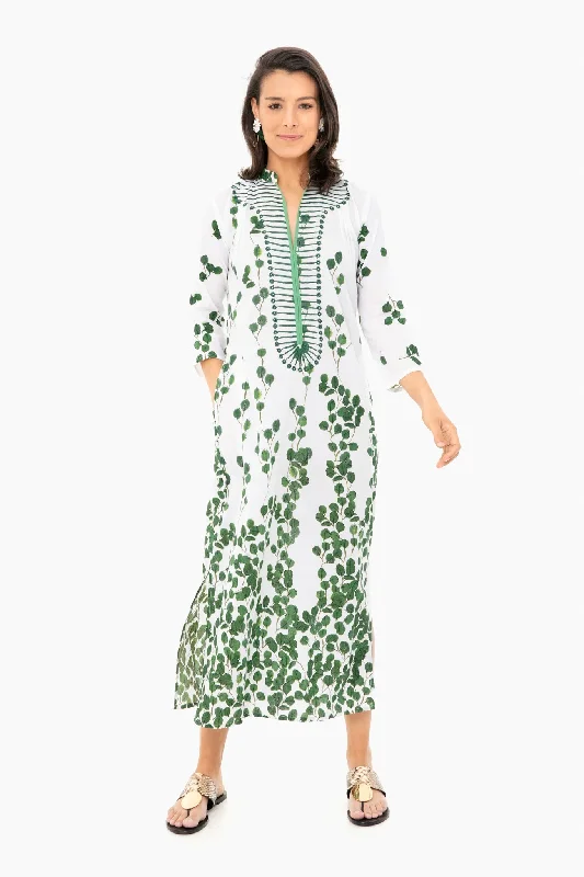 Maxi dress with embroidered flowers-Exclusive Clorinda Off White Green Leaf Long Kurta