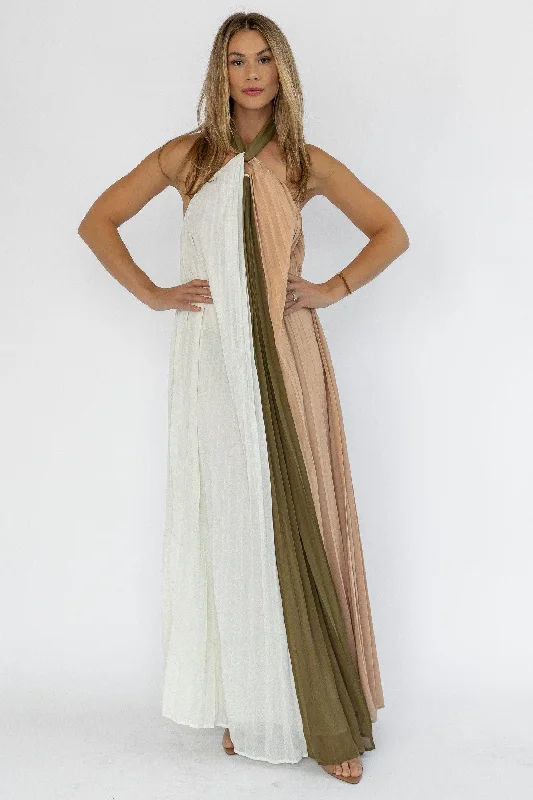 Maxi dress with iridescent finish-Sorin Olive Color Block Maxi Dress - Final Sale