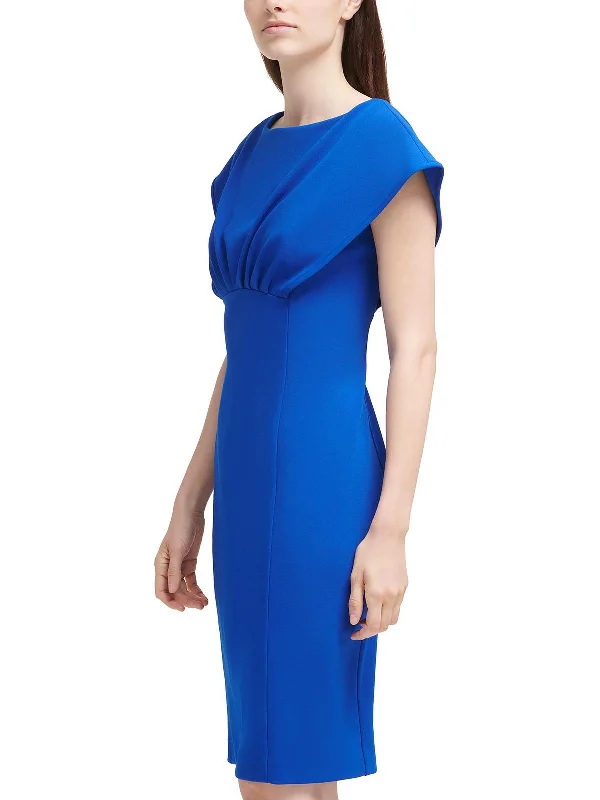 Midi dress with trumpet sleeves-Womens Pleated Midi Sheath Dress