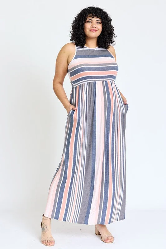 Maxi dress with ruched sides-Plus Vintage Stripe Maxi Dress