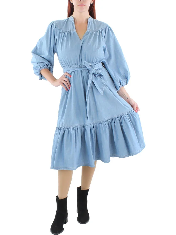 Midi dress with halter neck-Womens Chambray Ruffled Midi Dress