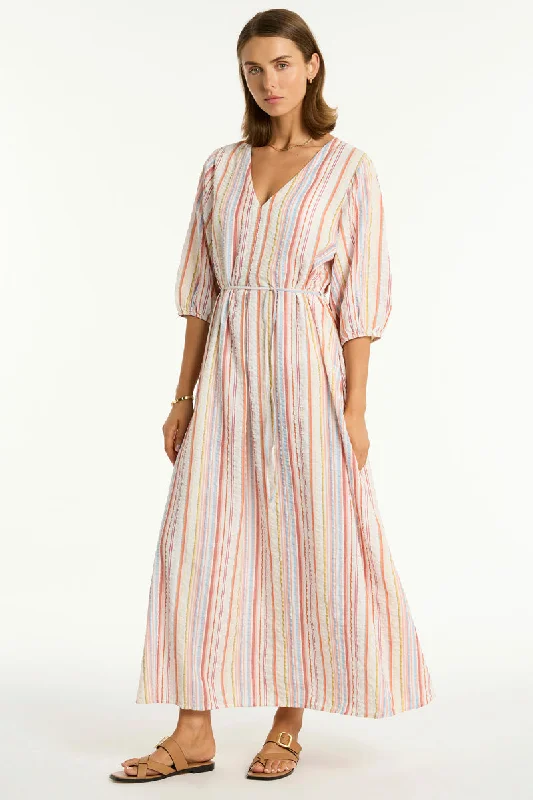 Maxi dress with smocked bodice-Boho Stripe Long Dress