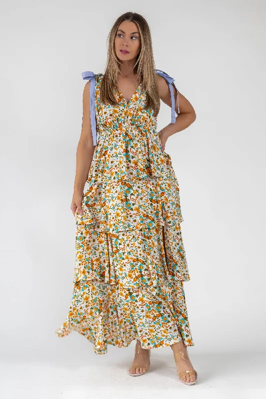 Maxi dress with sweetheart neckline-Shaina Yellow Floral Maxi Dress