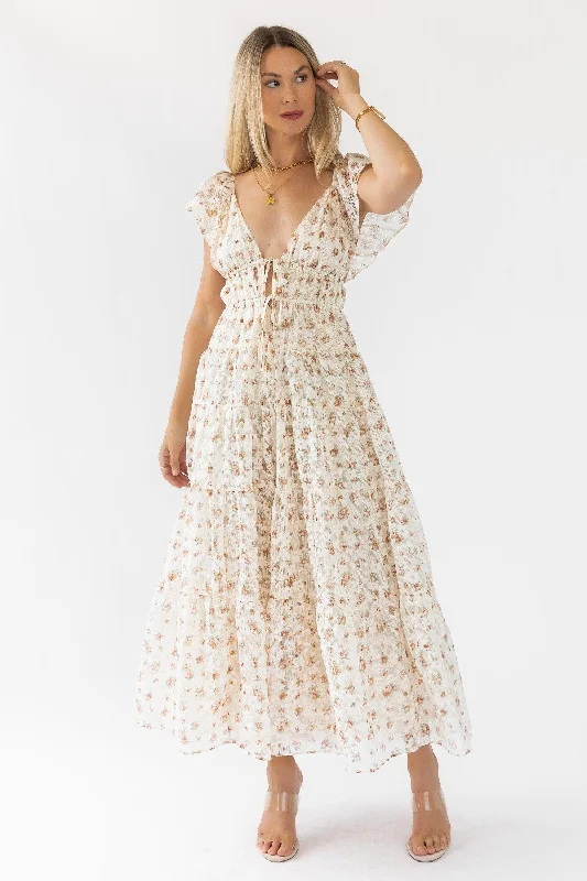 Maxi dress for cocktail parties-Jesslyn Cream Peach Floral Maxi Dress