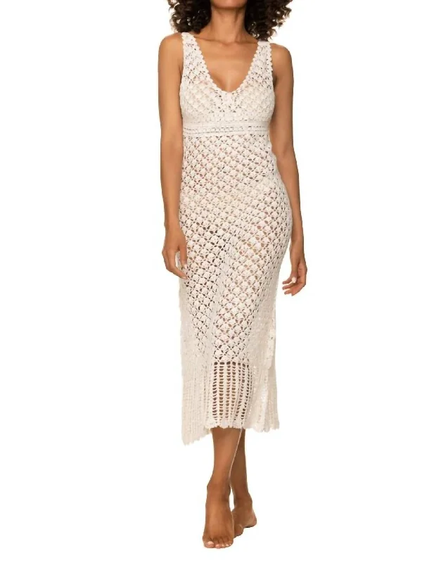 Midi dress with frilly details-Claudia Crochet Midi Dress In Ivory