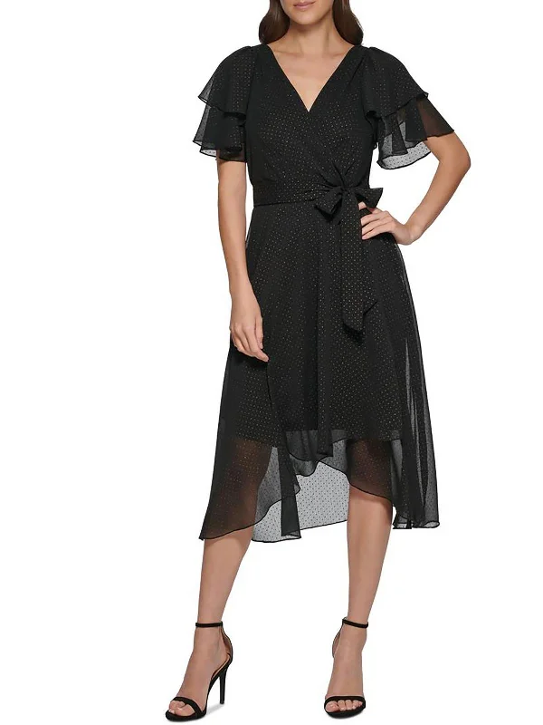 Midi dress with asymmetrical hem-Womens Pleated Midi Wrap Dress