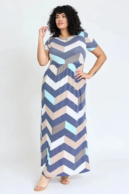 Maxi dress with flared skirt-Plus Chevron Short Sleeve Maxi Dress