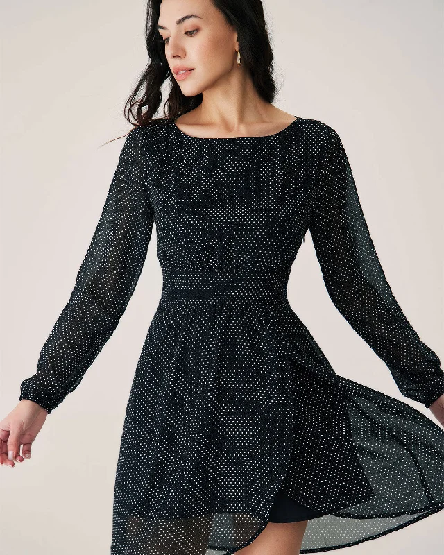 Shimmer effect mini dress-Black Polka Dot Boat Neck Mini Dress