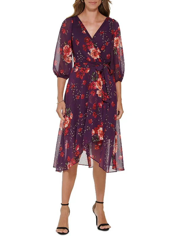 Midi dress with retro flair-Womens Floral Midi Wrap Dress