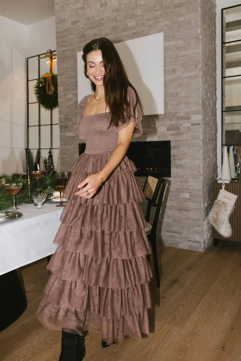 Maxi dress with lace-up front-Mia Tulle Maxi Dress in Mocha