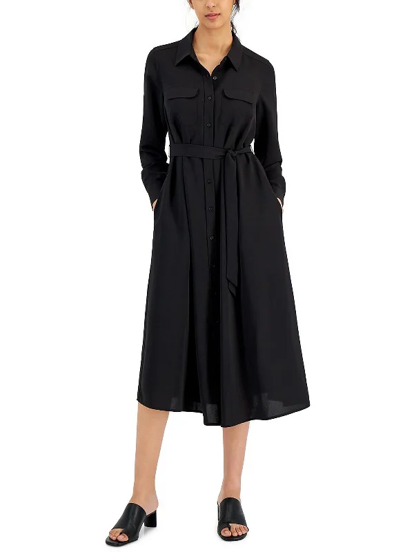 Midi dress with spaghetti straps-Petites Womens Collared Midi Shirtdress