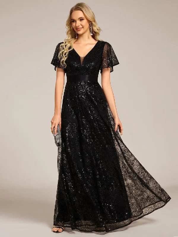 Maxi dress with sequin embellishments-Illusion V-neck Short Sleeve Sequin Formal Maxi Dress