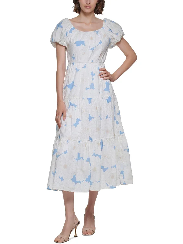 Midi dress with puff sleeves-Womens Cotton Calf Midi Dress