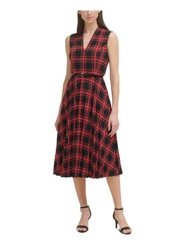 Midi dress with glitter accents-Womens Plaid Calf Midi Dress