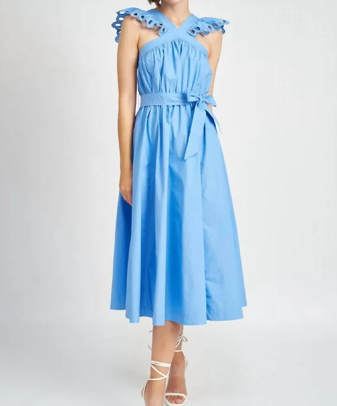 Midi dress with oversized fit-Crista Ruffle Sleeve Midi Dress In Blue