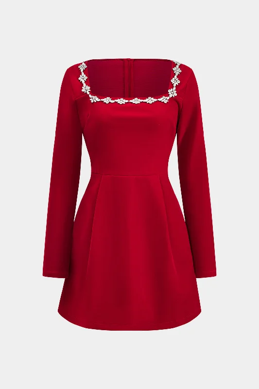 Embroidered mini dress-Velvet Rhinestone Trim Long Sleeve Square Neck Mini Dress