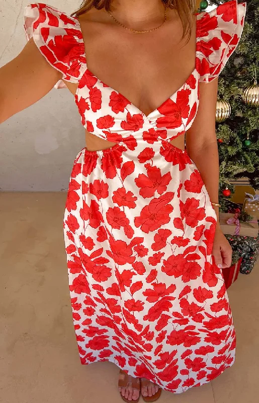 Maxi dress with ruched sides-Kaden Red Anemone Floral Print Maxi Dress