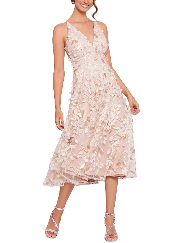 Midi dress with embroidered flowers-Womens V-Neck Midi Cocktail and Party Dress