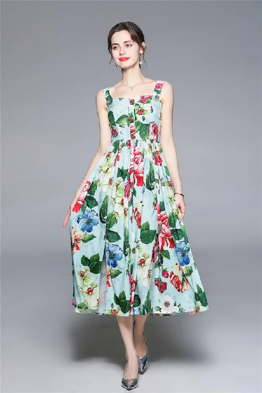 Midi dress with polka dots-Green Day A-line Off The Shoulder Strap Midi Summer Floral Dress